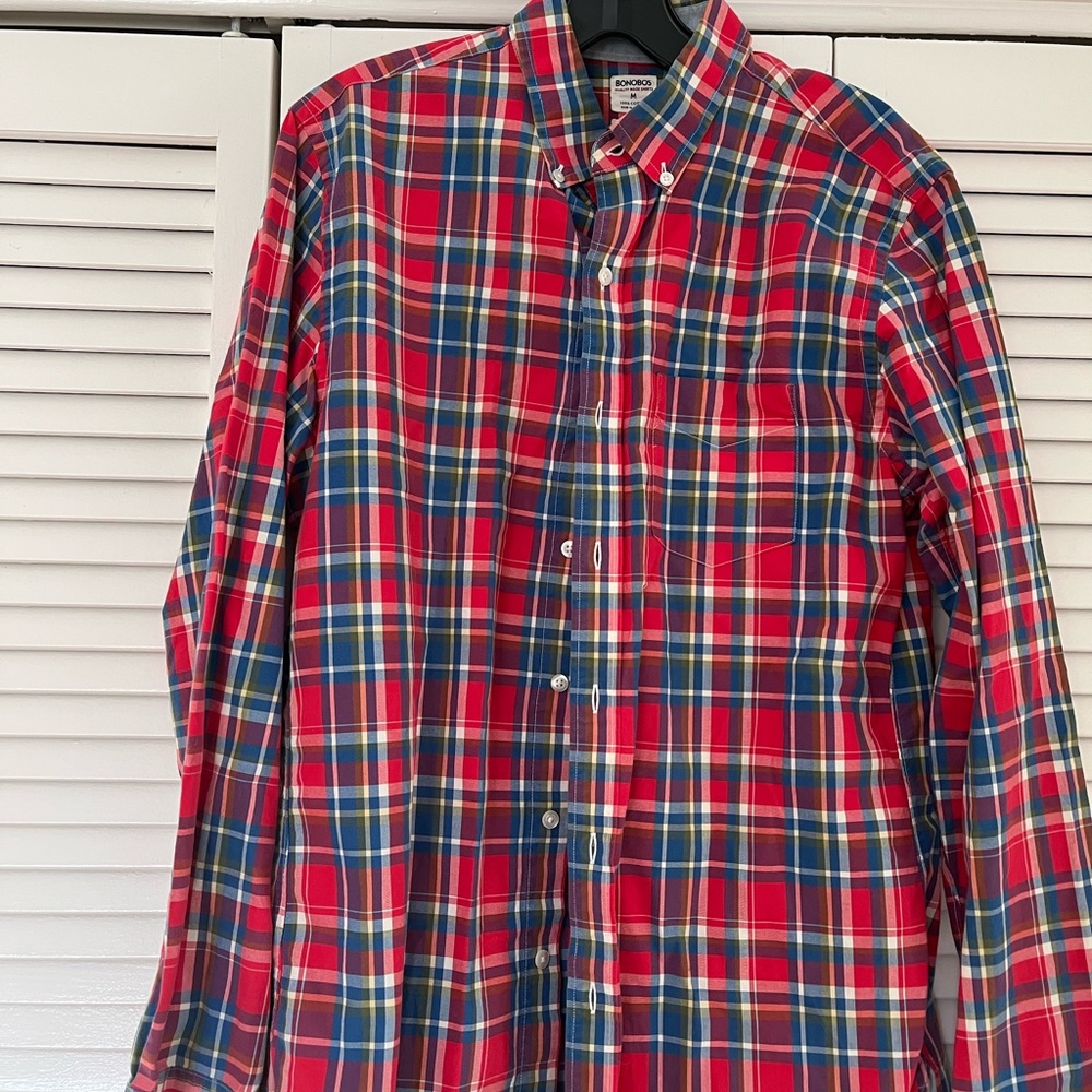 Bonobos Slim Fit Mens Button Down Plaid Shirt Red